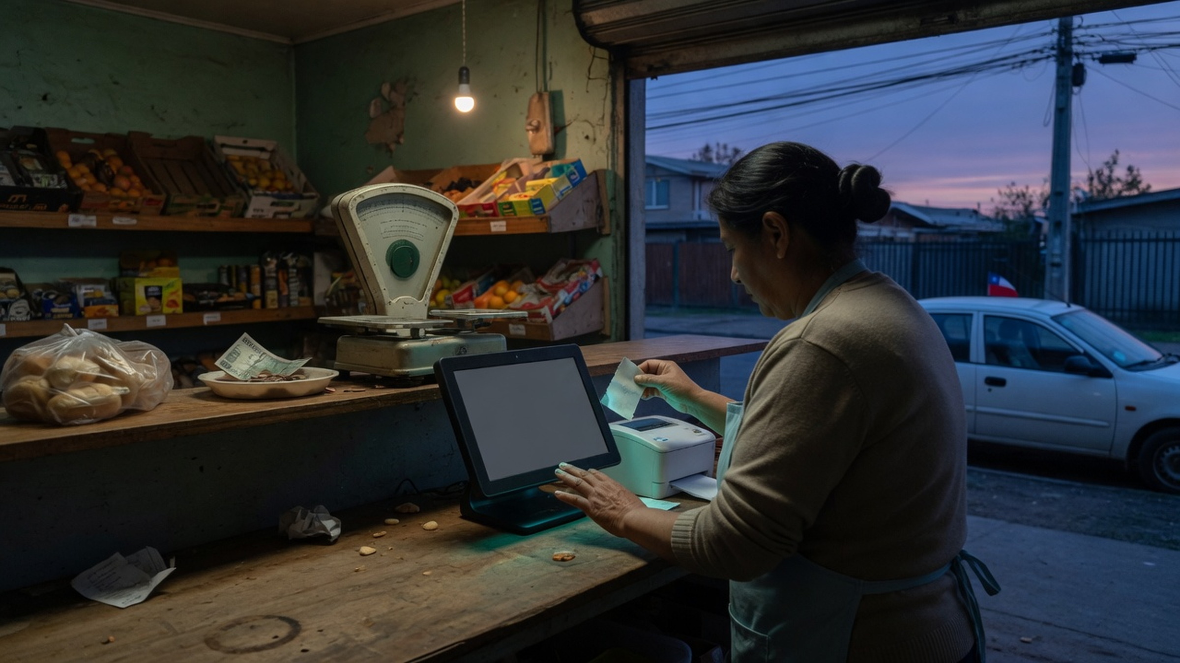 Almacenera cobrando en el mostrador de su local, con el punto de venta, la impresora de boletas y la balanza, al atardecer.